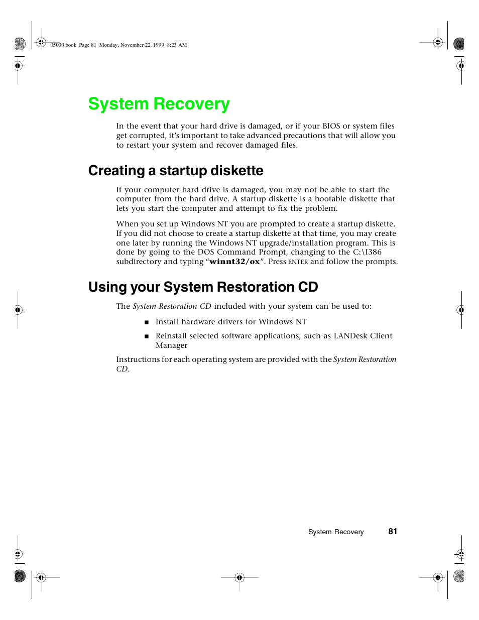 System recovery, Creating a startup diskette, Using your system restoration cd | Gateway E-5400 User Manual | Page 88 / 130