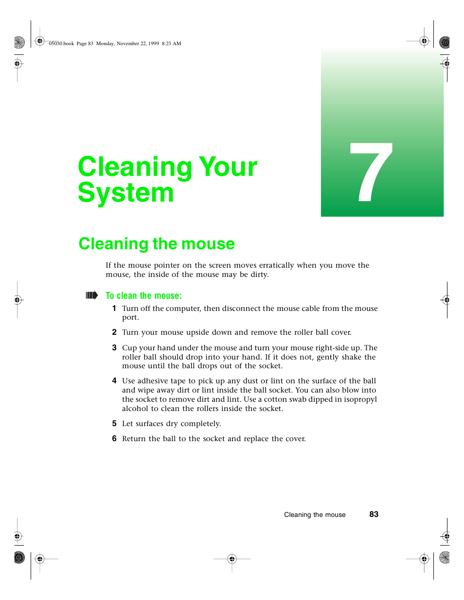 Cleaning your system, Cleaning the mouse | Gateway E-5400 User Manual | Page 90 / 130