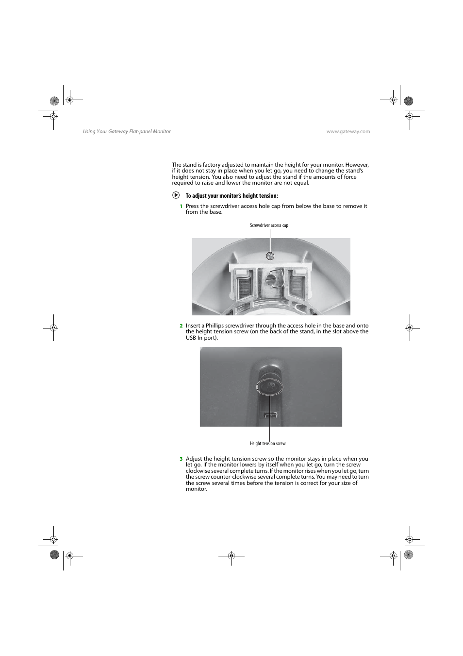 Adjusting monitor height tension, To adjust your monitor’s height tension | Gateway FPD1775W User Manual | Page 12 / 38