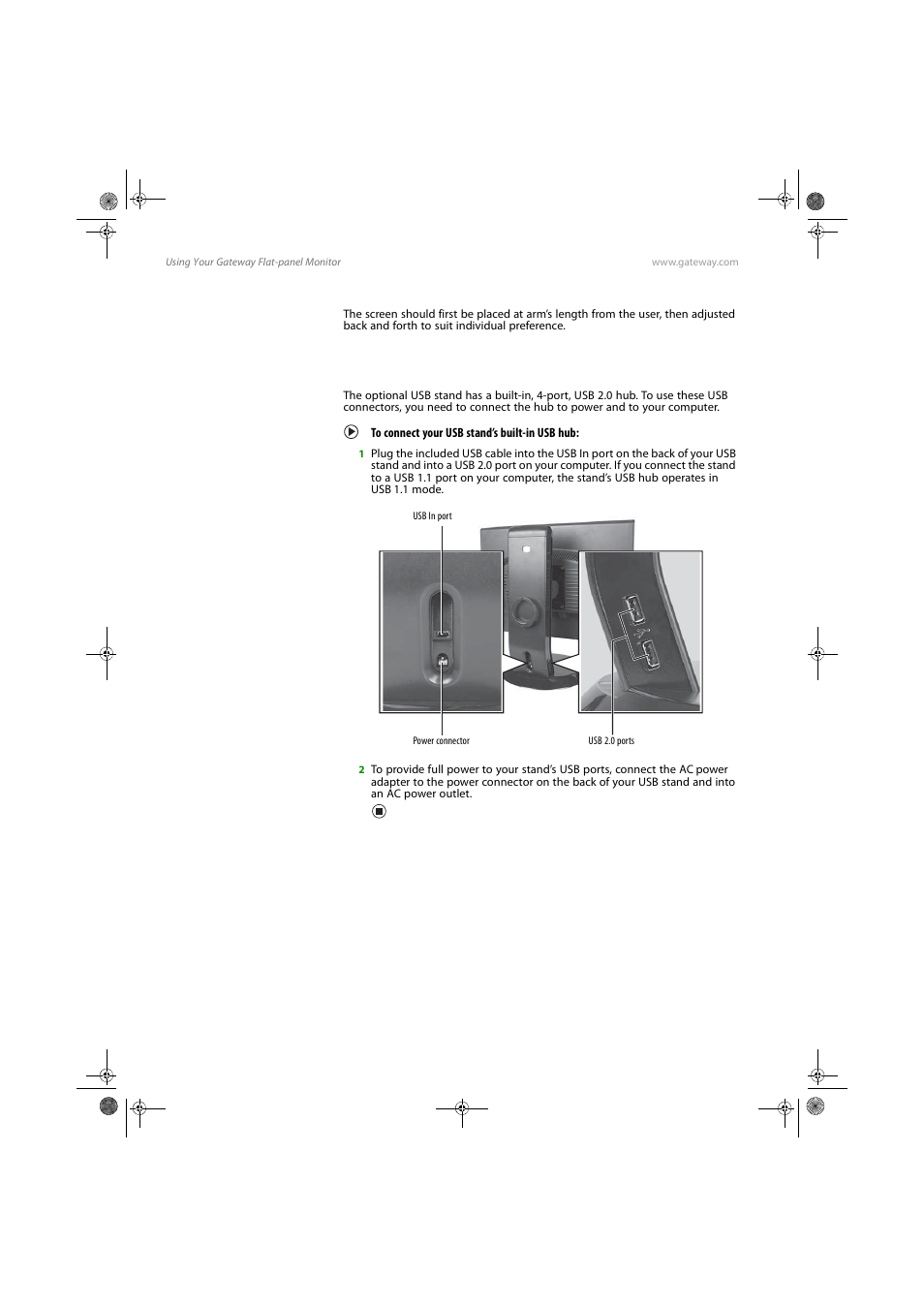 Screen distance from user, Connecting the usb hub, To connect your usb stand’s built-in usb hub | Gateway FPD1775W User Manual | Page 14 / 38