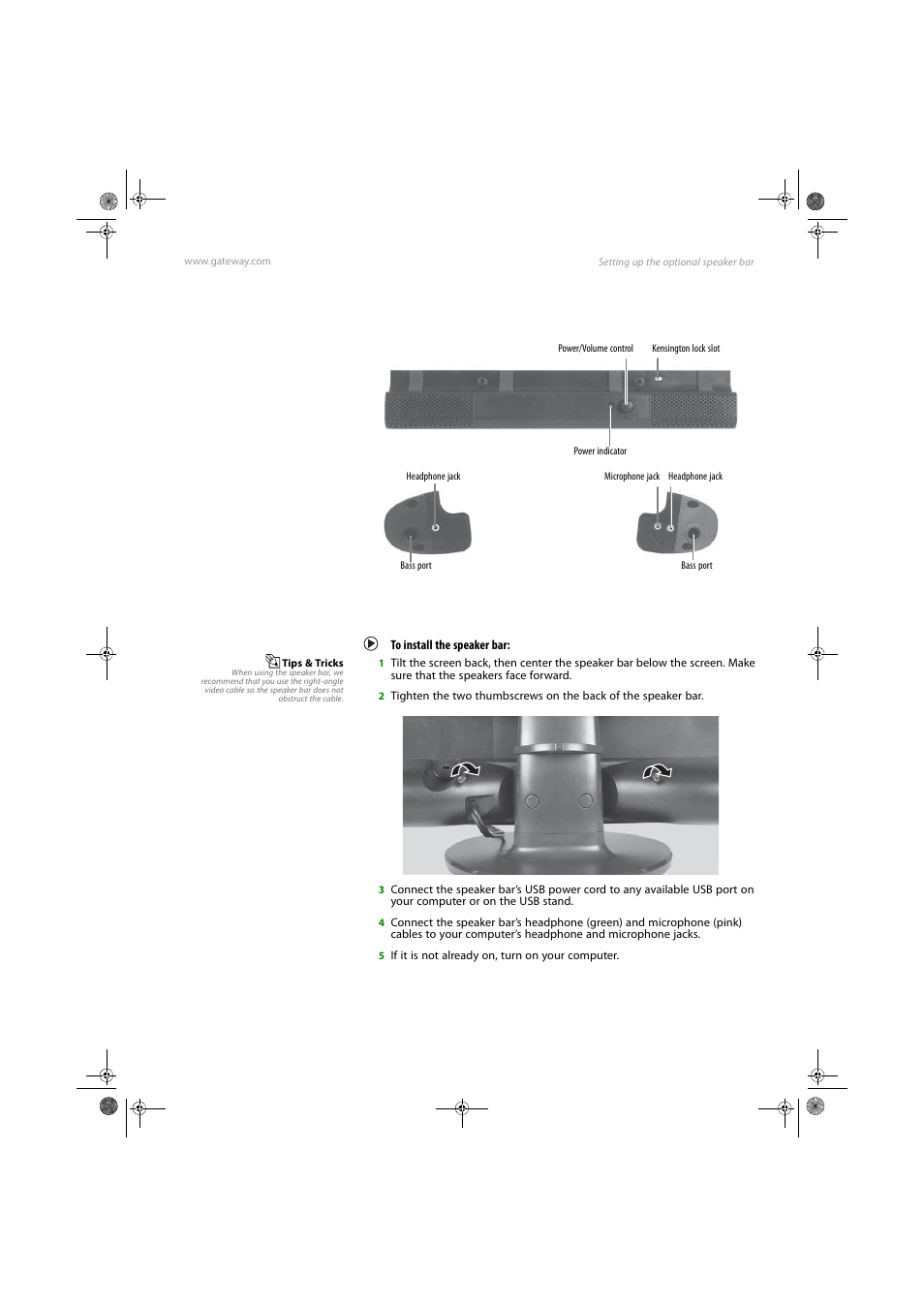 Setting up the optional speaker bar, Installing the speaker bar, To install the speaker bar | Gateway FPD1775W User Manual | Page 15 / 38
