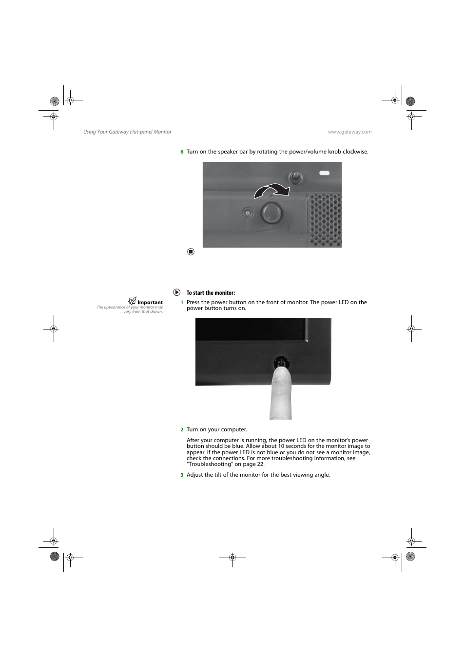 Starting the monitor, To start the monitor | Gateway FPD1775W User Manual | Page 16 / 38
