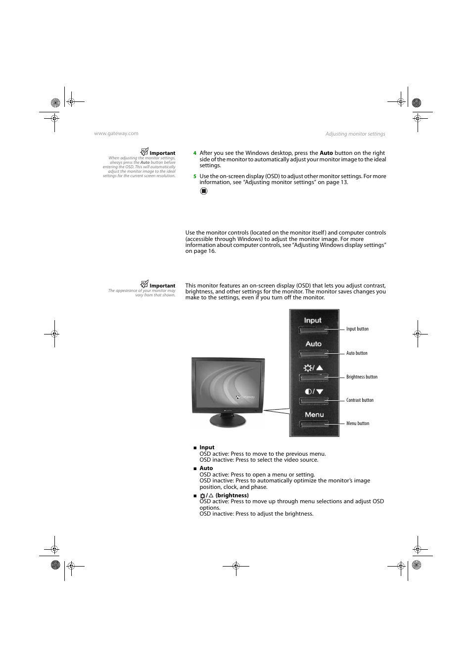 Adjusting monitor settings, Monitor buttons | Gateway FPD1775W User Manual | Page 17 / 38