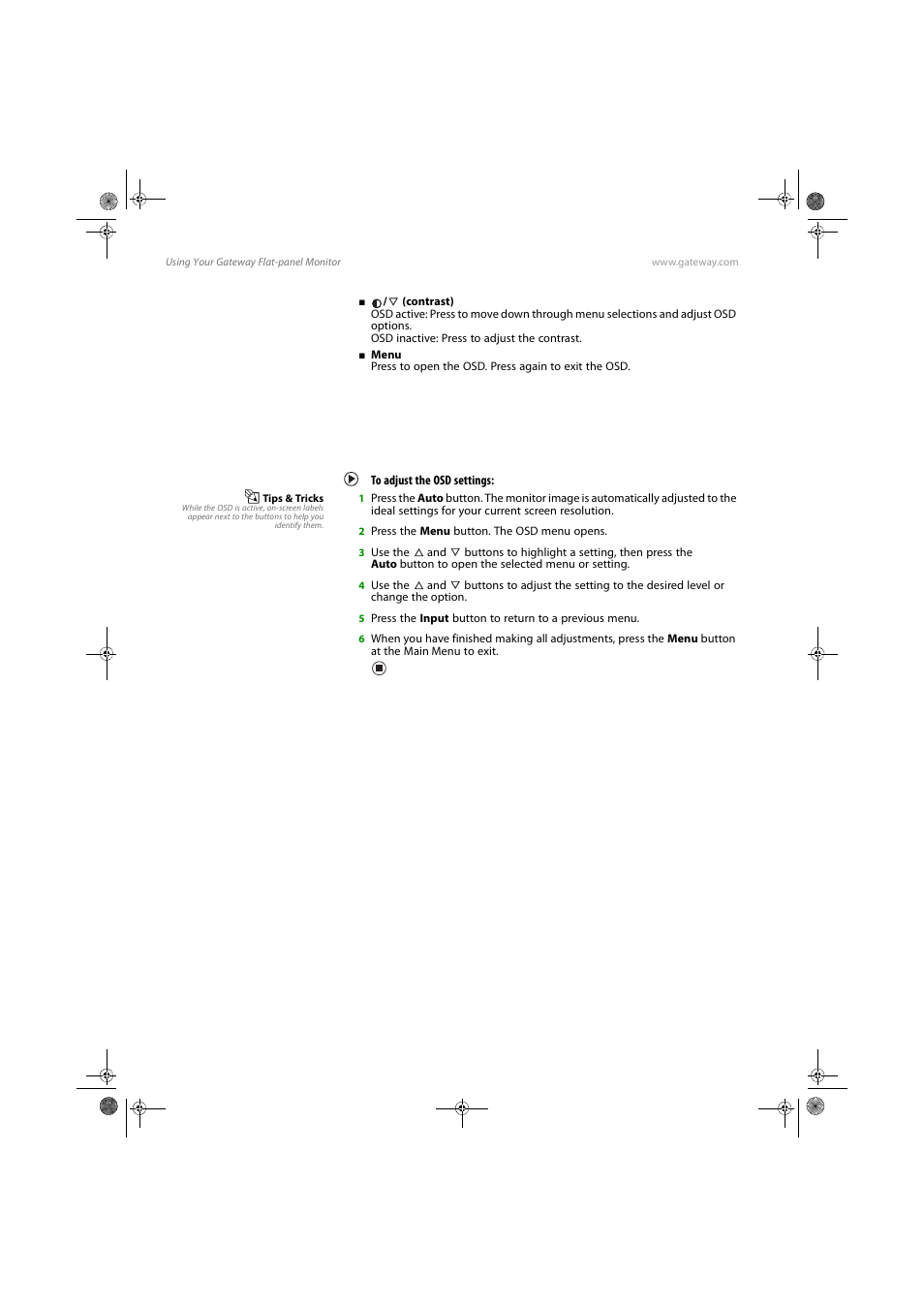 On-screen display options, Adjusting osd settings, To adjust the osd settings | Gateway FPD1775W User Manual | Page 18 / 38