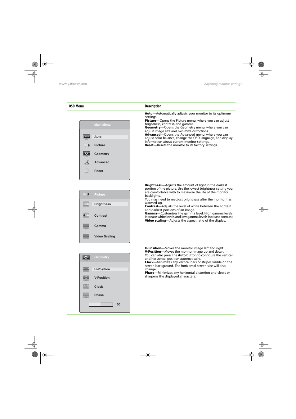Osd menus, Main menu, Picture menu | Geometry menu | Gateway FPD1775W User Manual | Page 19 / 38