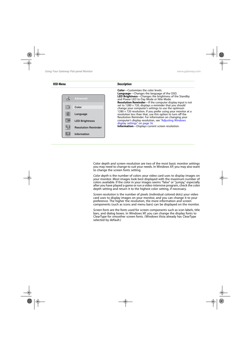 Advanced menu, Adjusting windows display settings | Gateway FPD1775W User Manual | Page 20 / 38