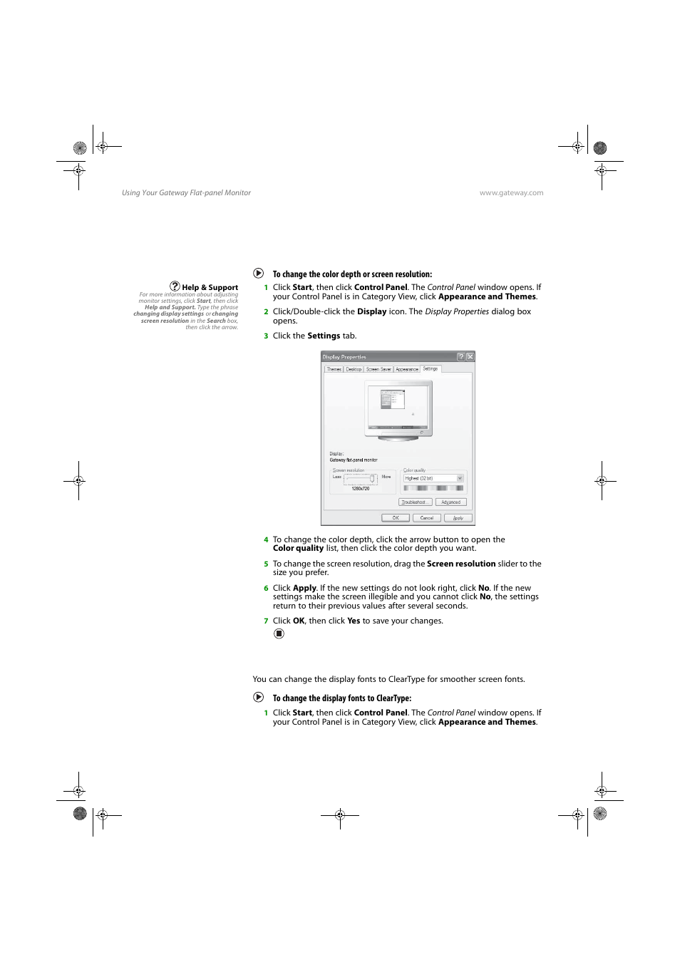 Changing settings in windowsxp, Changing the color depth or screen resolution, To change the color depth or screen resolution | Clarifying screen fonts, To change the display fonts to cleartype, Changing settings in windows xp | Gateway FPD1775W User Manual | Page 22 / 38