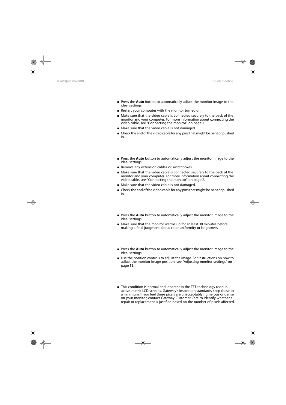 Monitor colors are wrong, Picture has shadows or “ghosts, Color is not uniform | Image is not sized or centered correctly | Gateway FPD1775W User Manual | Page 27 / 38