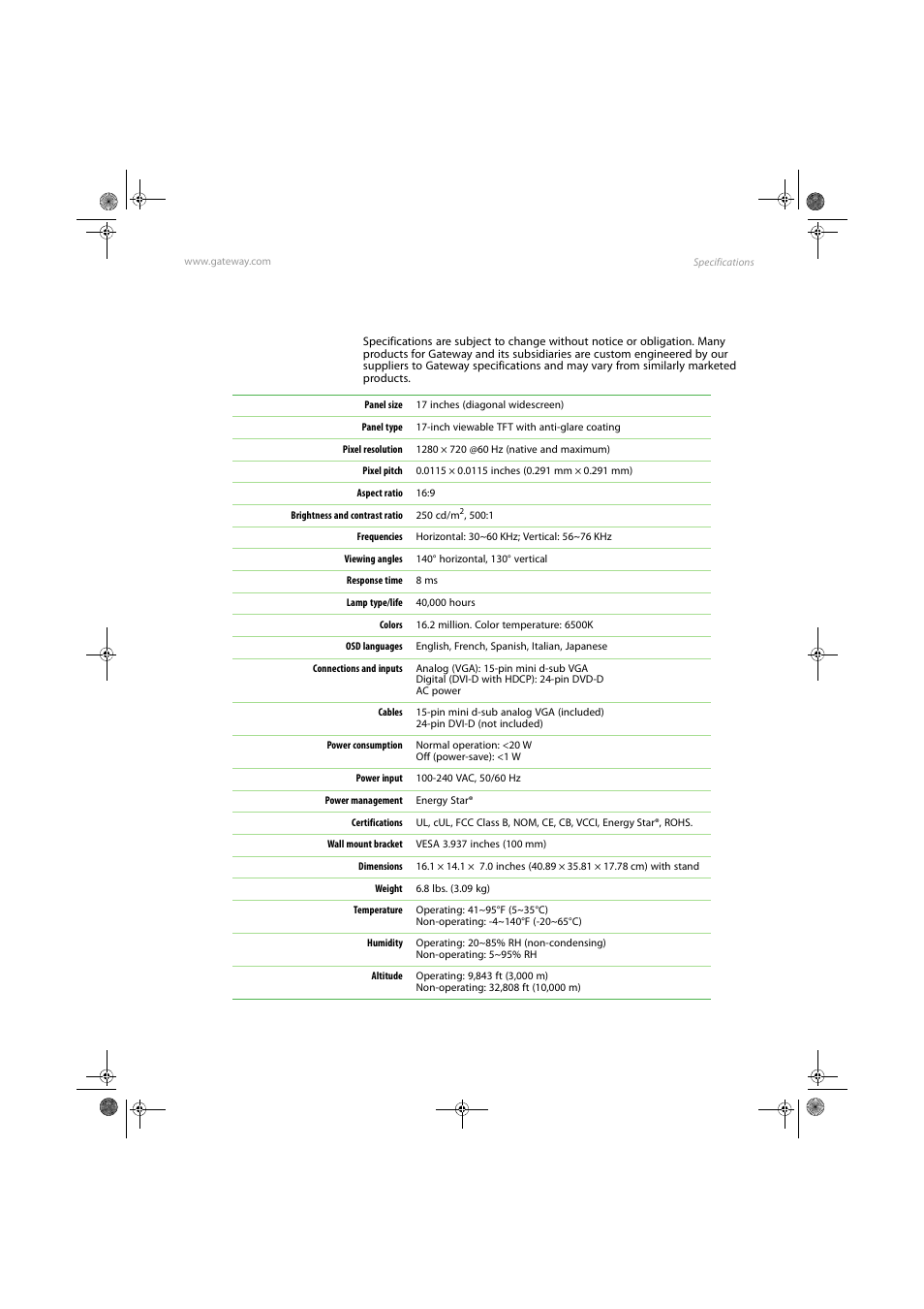 Specifications | Gateway FPD1775W User Manual | Page 29 / 38