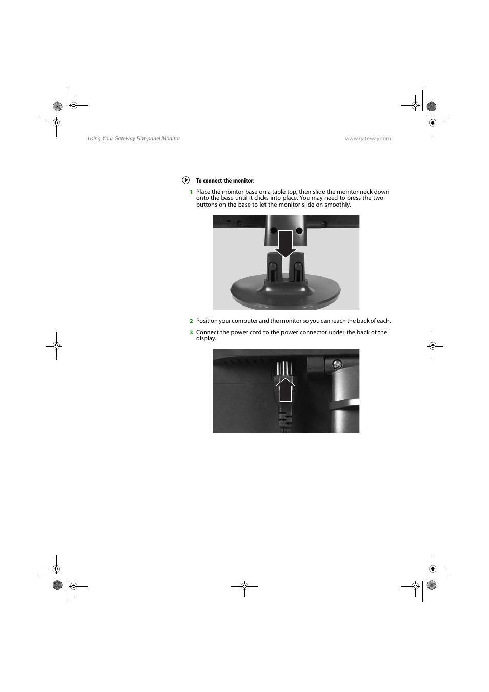 Connecting the monitor, To connect the monitor | Gateway FPD1775W User Manual | Page 6 / 38