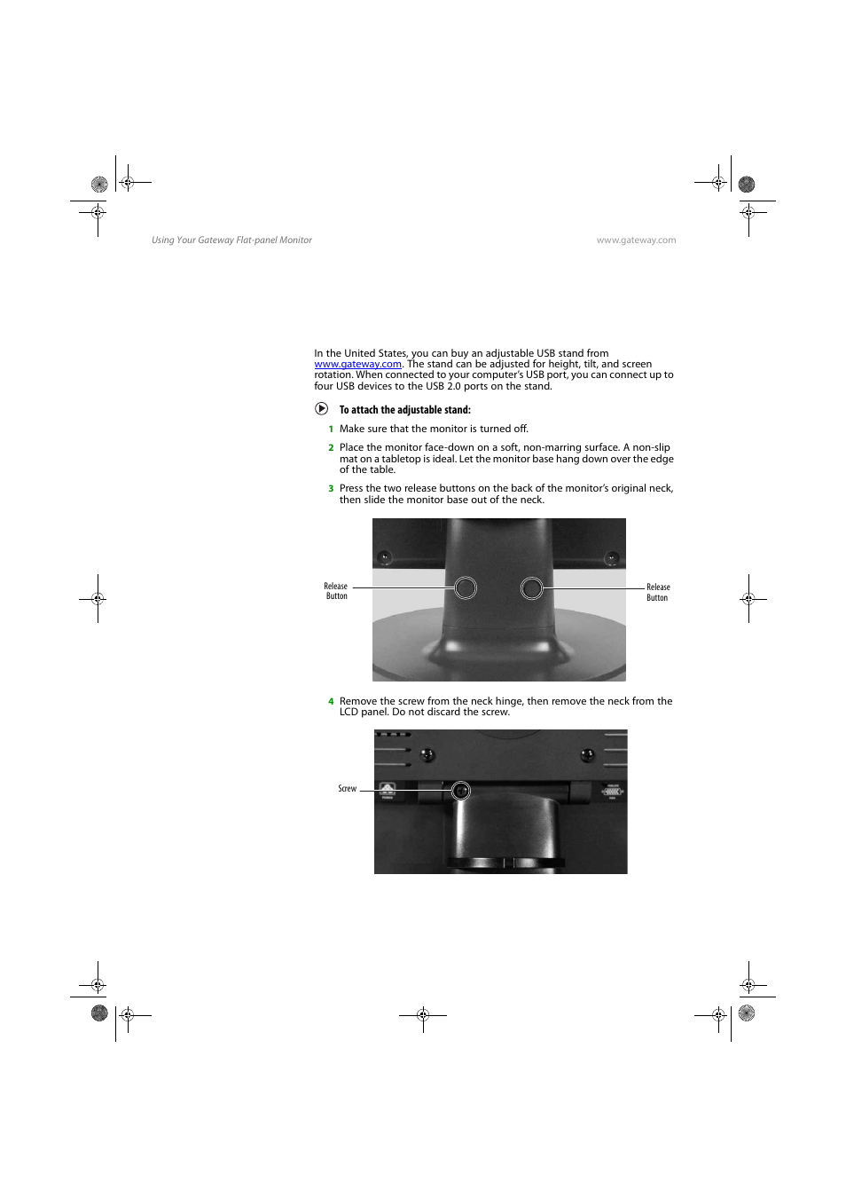 Setting up the optional stand, Attaching the usb stand, To attach the adjustable stand | Gateway FPD1775W User Manual | Page 8 / 38