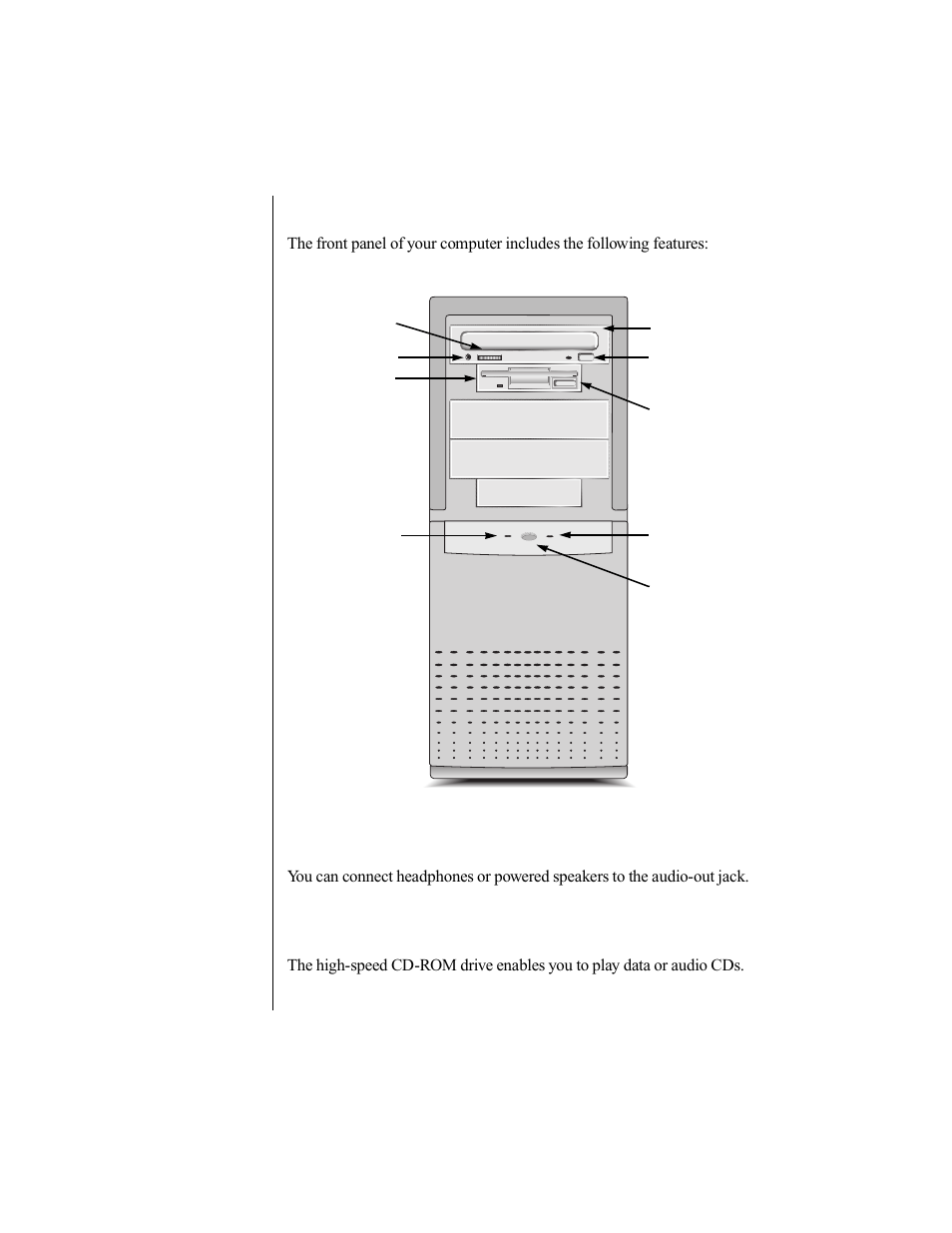 Front panel, Audio-out jack, Cd-rom drive | Audio-out jack cd-rom drive | Gateway E-5200 User Manual | Page 23 / 46