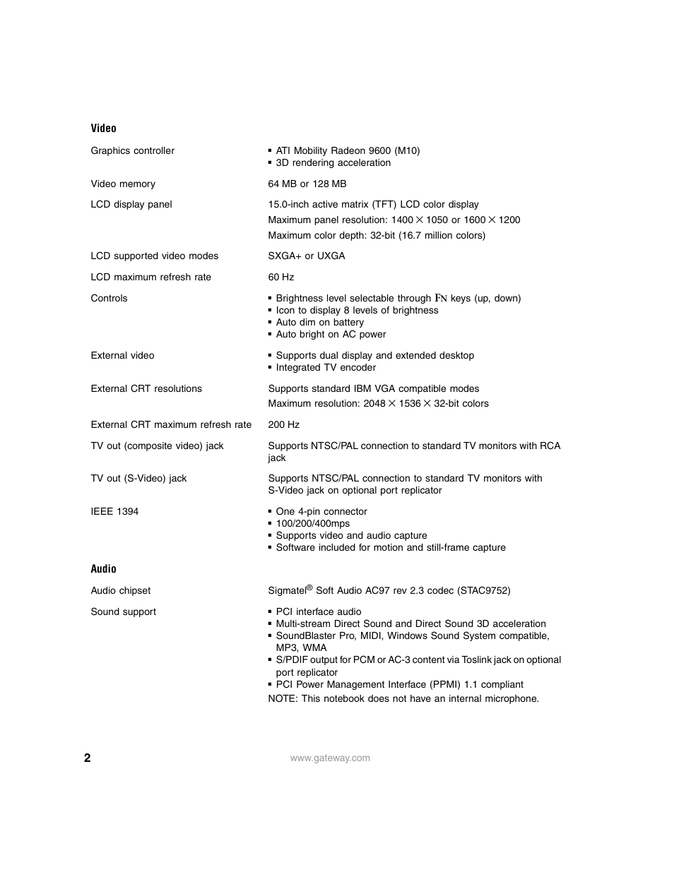 Video, Audio | Gateway 450RGH User Manual | Page 2 / 9