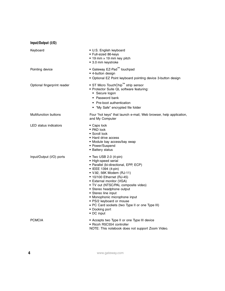 Input/output (i/o) | Gateway 450RGH User Manual | Page 4 / 9