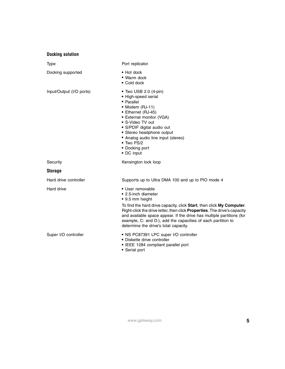 Docking solution, Storage | Gateway 450RGH User Manual | Page 5 / 9