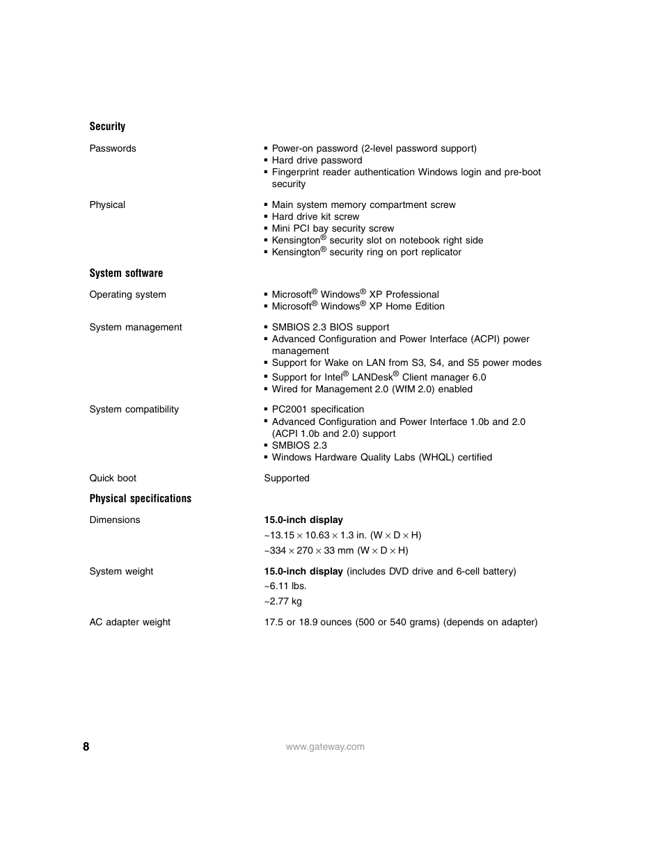 Security, System software, Physical specifications | Gateway 450RGH User Manual | Page 8 / 9