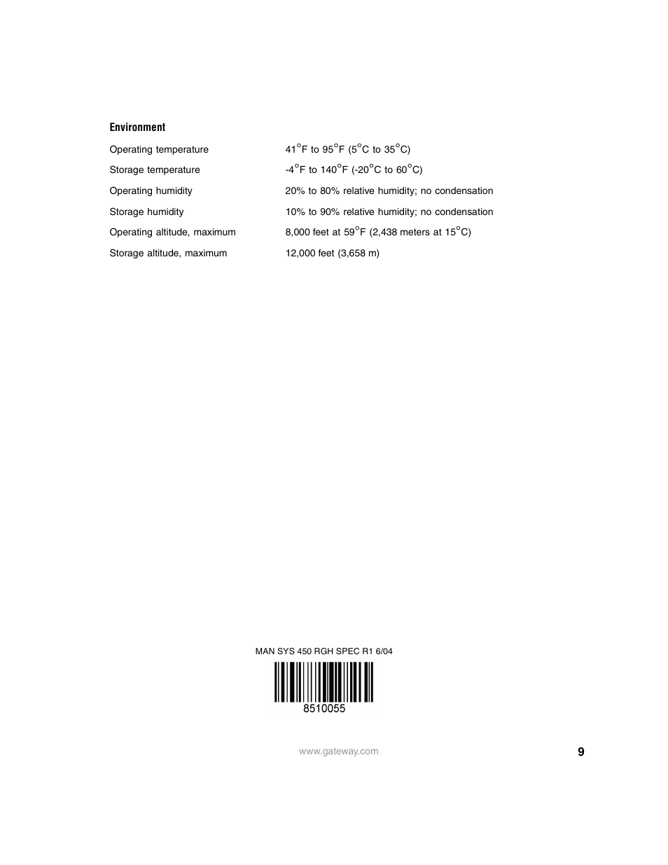 Environment | Gateway 450RGH User Manual | Page 9 / 9