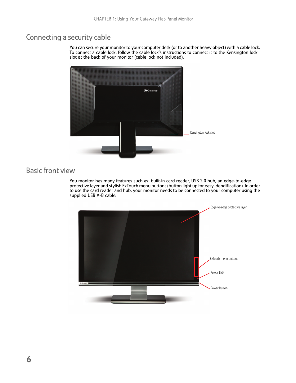 Connecting a security cable, Basic front view, Connecting a security cable basic front view | Gateway FHD2102 User Manual | Page 10 / 28