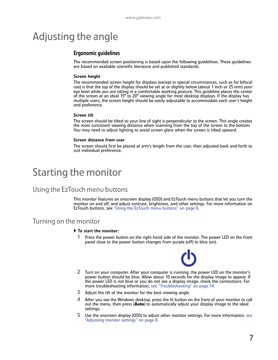 Adjusting the angle, Ergonomic guidelines, Screen height | Screen tilt, Screen distance from user, Starting the monitor, Using the eztouch menu buttons, Turning on the monitor, To start the monitor, Adjusting the angle starting the monitor | Gateway FHD2102 User Manual | Page 11 / 28