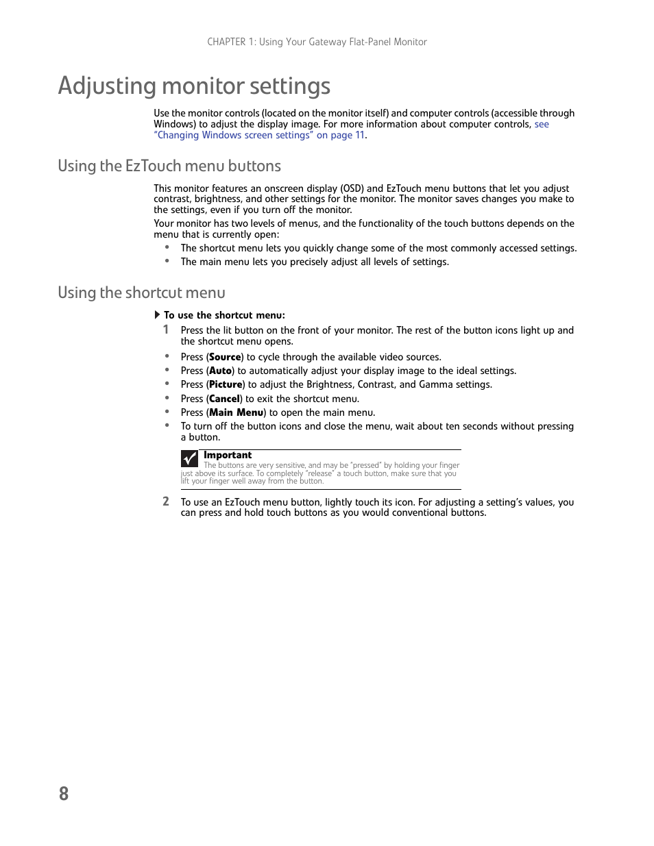 Adjusting monitor settings, Using the eztouch menu buttons, Using the shortcut menu | To use the shortcut menu | Gateway FHD2102 User Manual | Page 12 / 28
