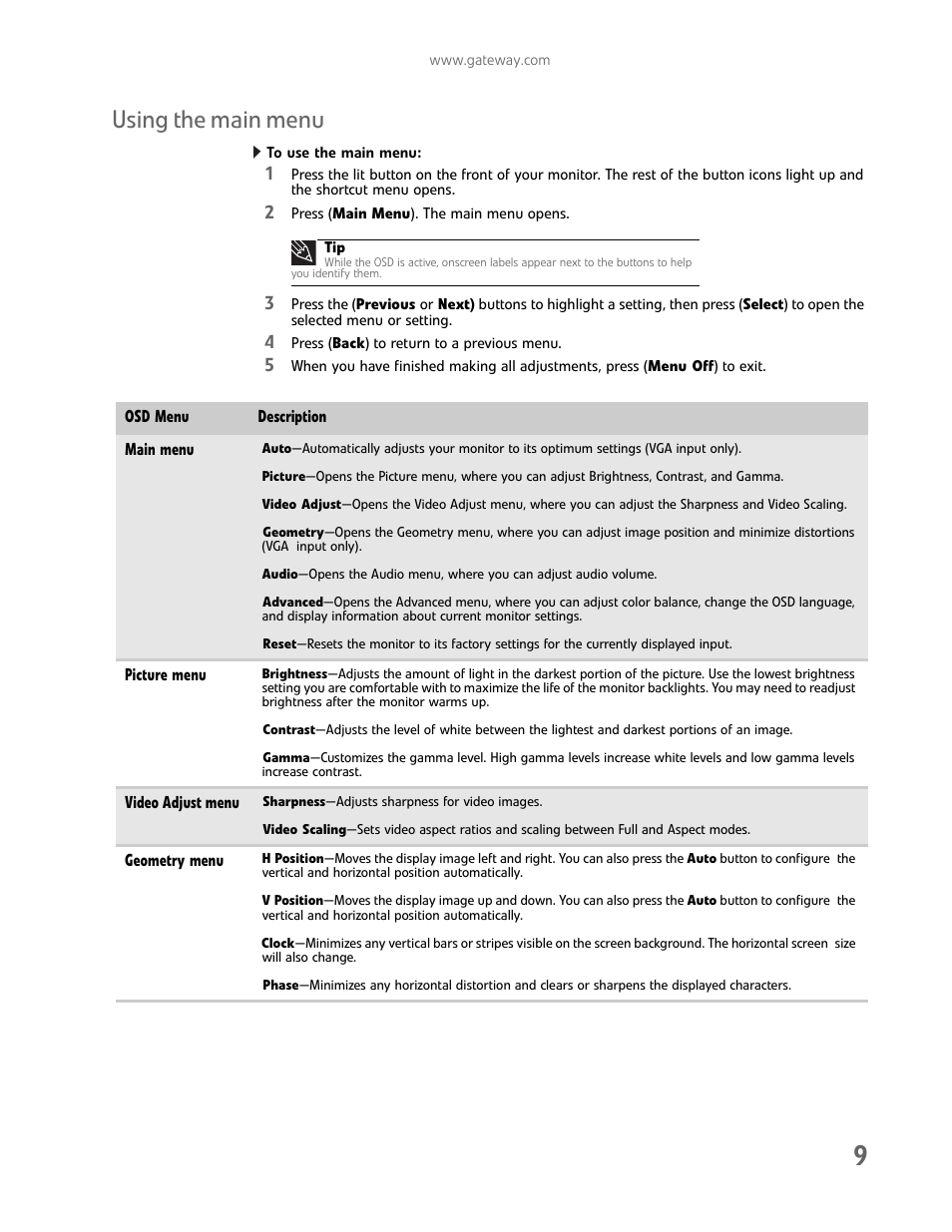 Using the main menu, To use the main menu | Gateway FHD2102 User Manual | Page 13 / 28
