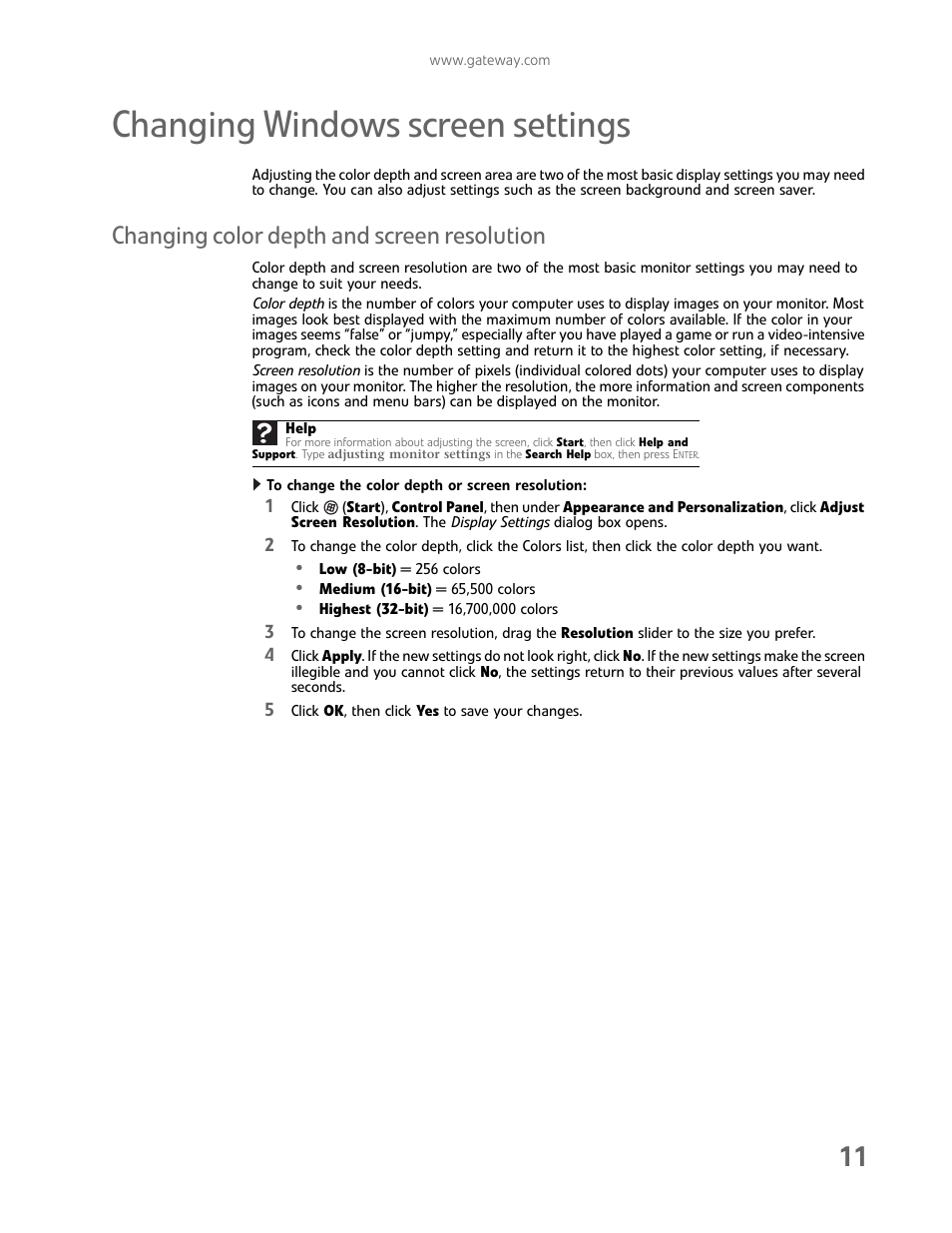Changing windows screen settings, Changing color depth and screen resolution, To change the color depth or screen resolution | Changing | Gateway FHD2102 User Manual | Page 15 / 28