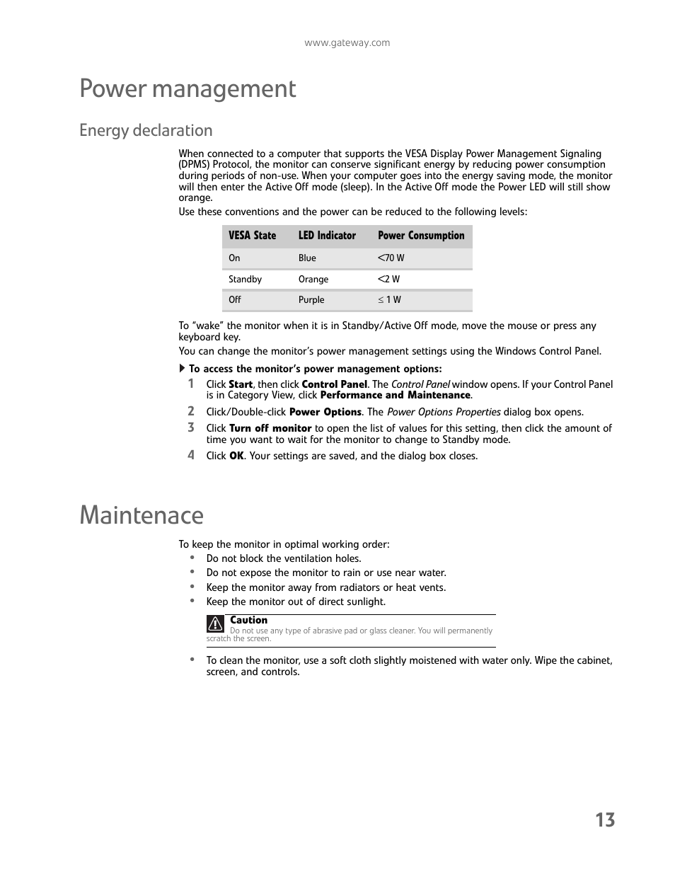 Power management, Energy declaration, To access the monitor’s power management options | Maintenace | Gateway FHD2102 User Manual | Page 17 / 28