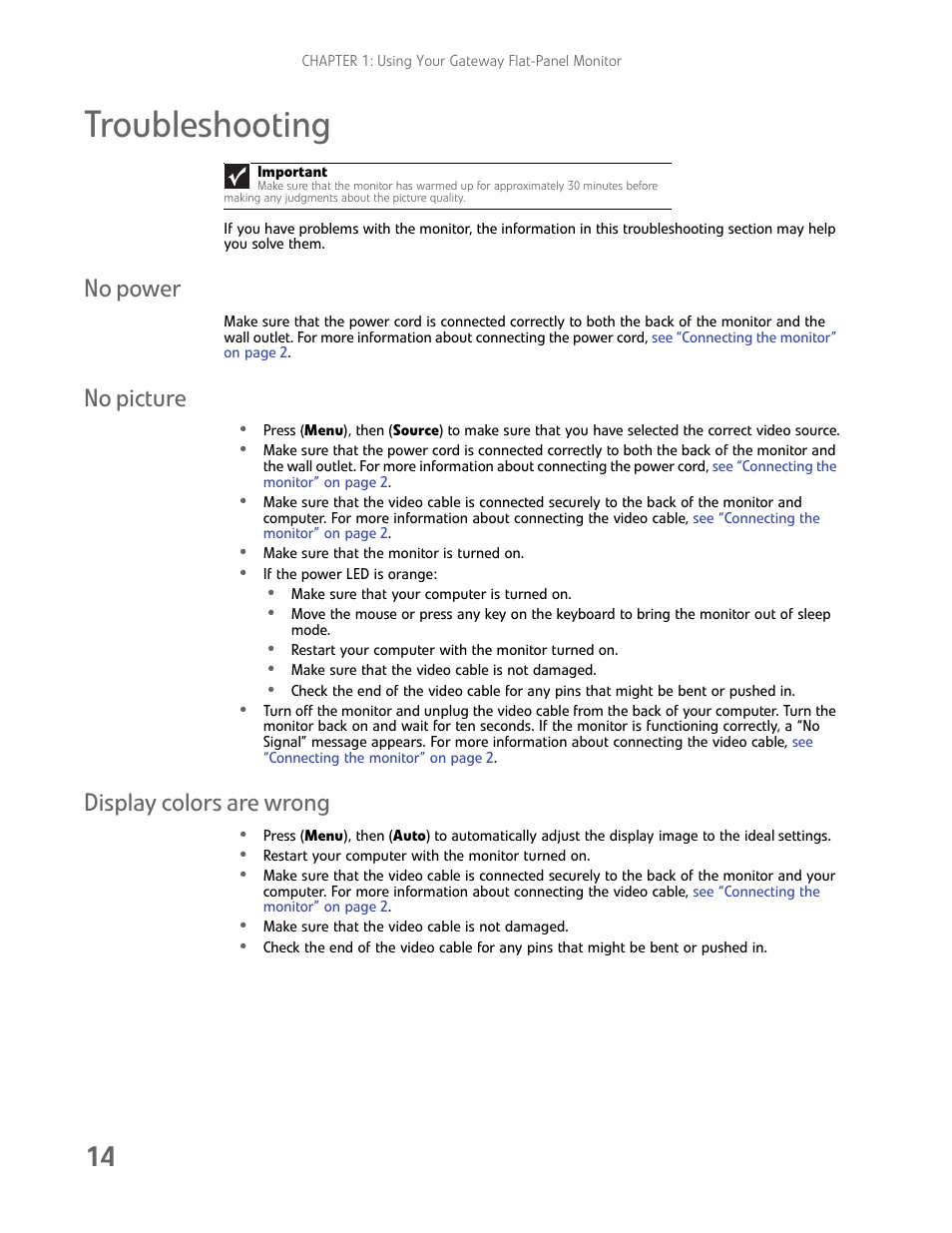Troubleshooting, No power, No picture | Display colors are wrong, No power no picture display colors are wrong | Gateway FHD2102 User Manual | Page 18 / 28