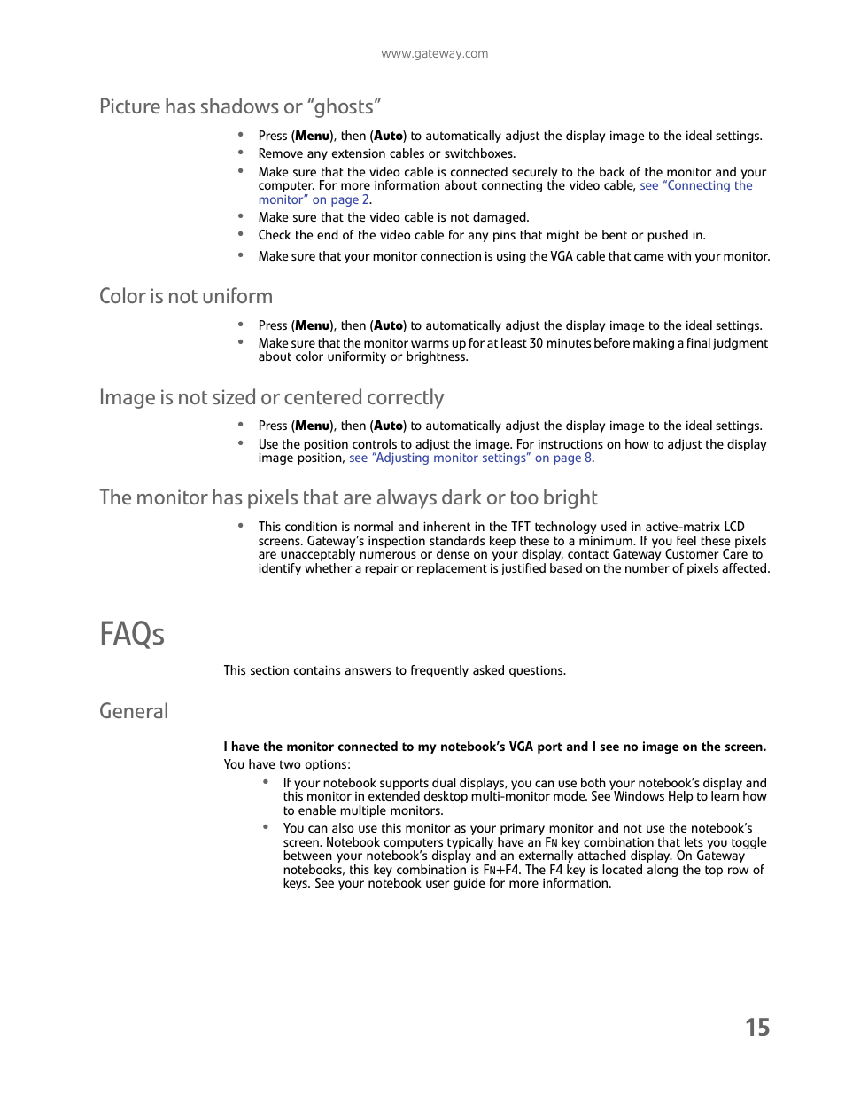 Picture has shadows or “ghosts, Color is not uniform, Image is not sized or centered correctly | Faqs, General | Gateway FHD2102 User Manual | Page 19 / 28
