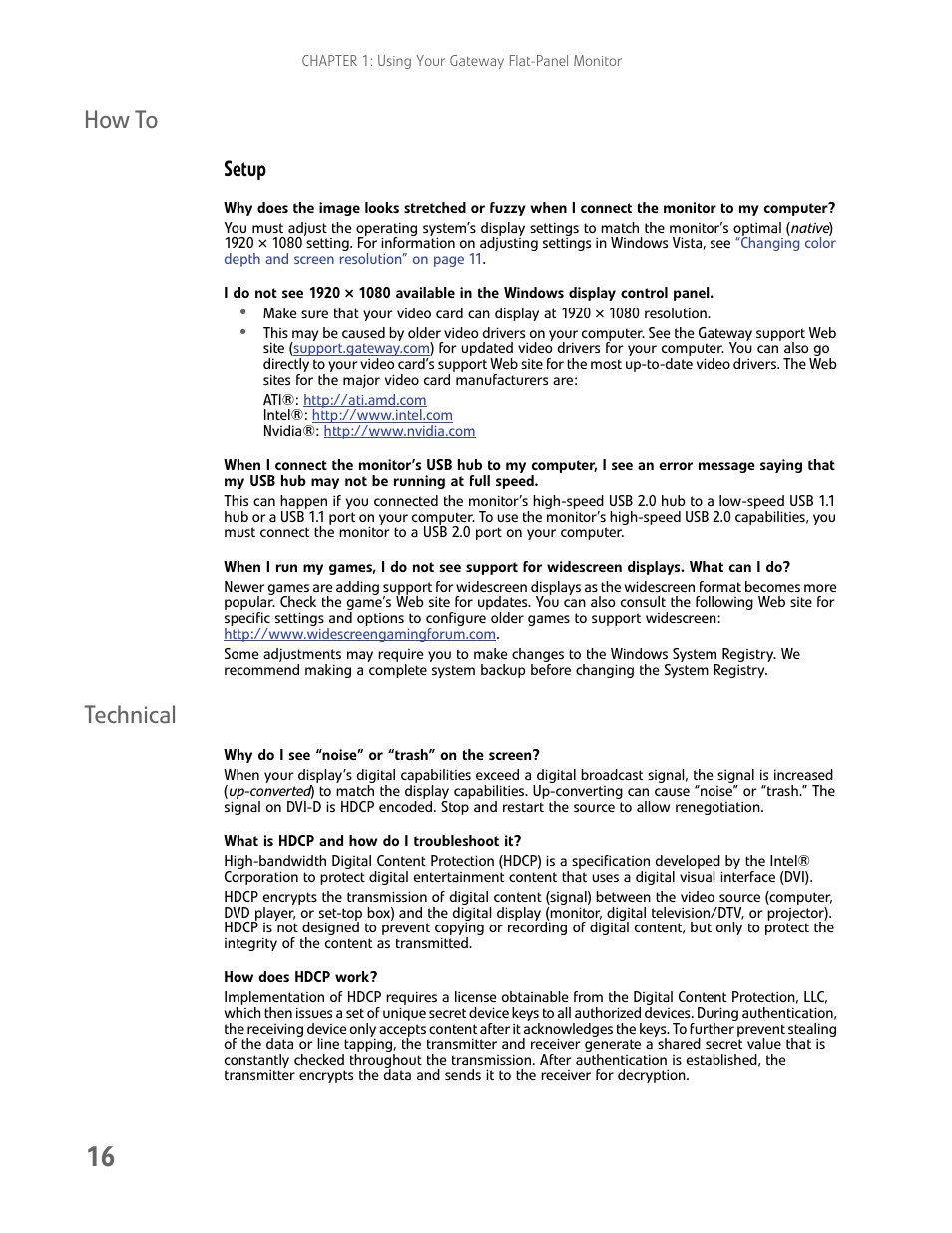 How to, Setup, Technical | Why do i see “noise” or “trash” on the screen, What is hdcp and how do i troubleshoot it, How does hdcp work, How to technical | Gateway FHD2102 User Manual | Page 20 / 28