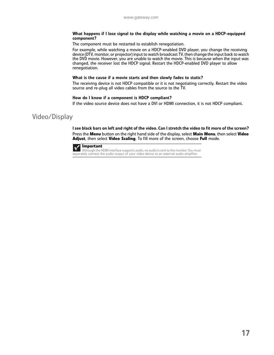 How do i know if a component is hdcp compliant, Video/display | Gateway FHD2102 User Manual | Page 21 / 28
