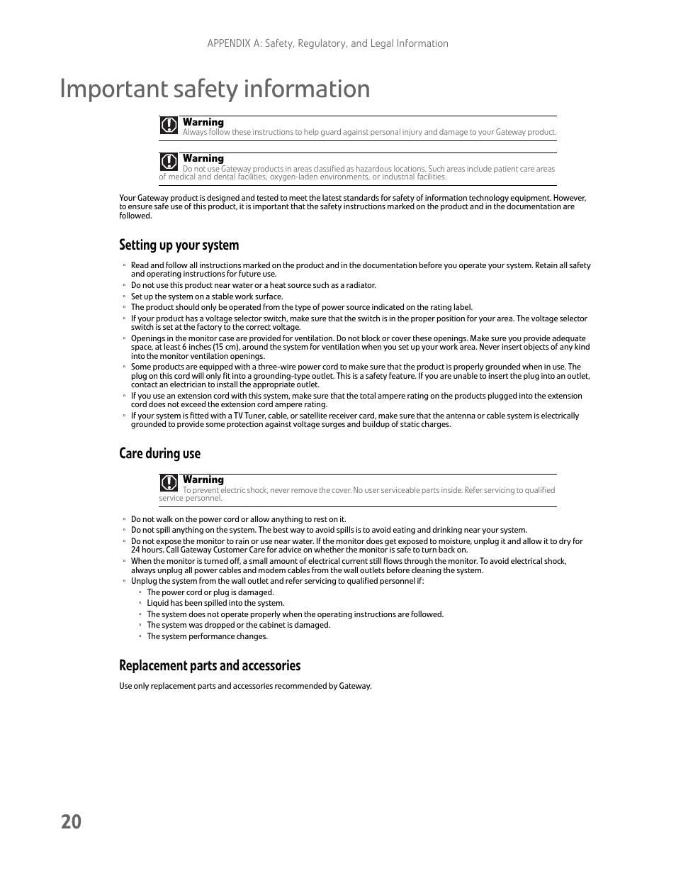 Important safety information, Setting up your system, Care during use | Replacement parts and accessories, Warning | Gateway FHD2102 User Manual | Page 24 / 28