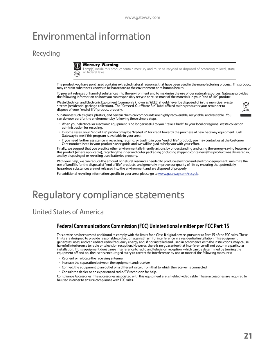 Environmental information, Regulatory compliance statements, Recycling | United states of america | Gateway FHD2102 User Manual | Page 25 / 28