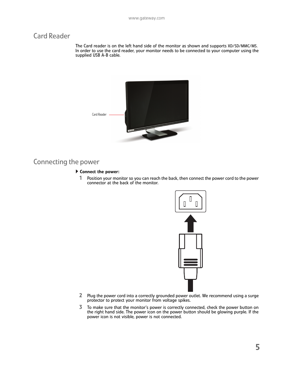 Card reader, Connecting the power, Connect the power | Card reader connecting the power, Option) | Gateway FHD2102 User Manual | Page 9 / 28