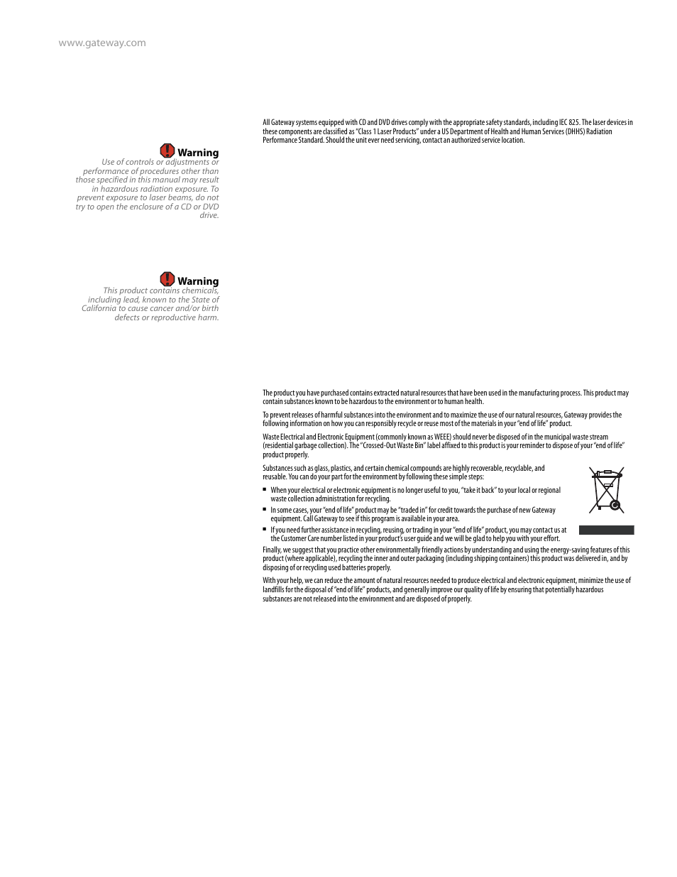 Laser safety statement, Environmental information, California proposition 65 warning | Gateway E-9525R User Manual | Page 123 / 130