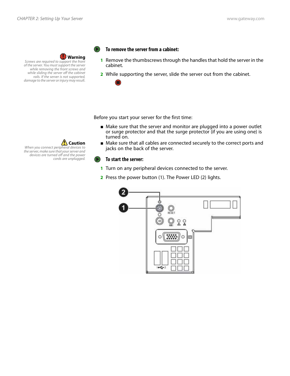 Removing the server from a cabinet, Starting your server | Gateway E-9525R User Manual | Page 24 / 130