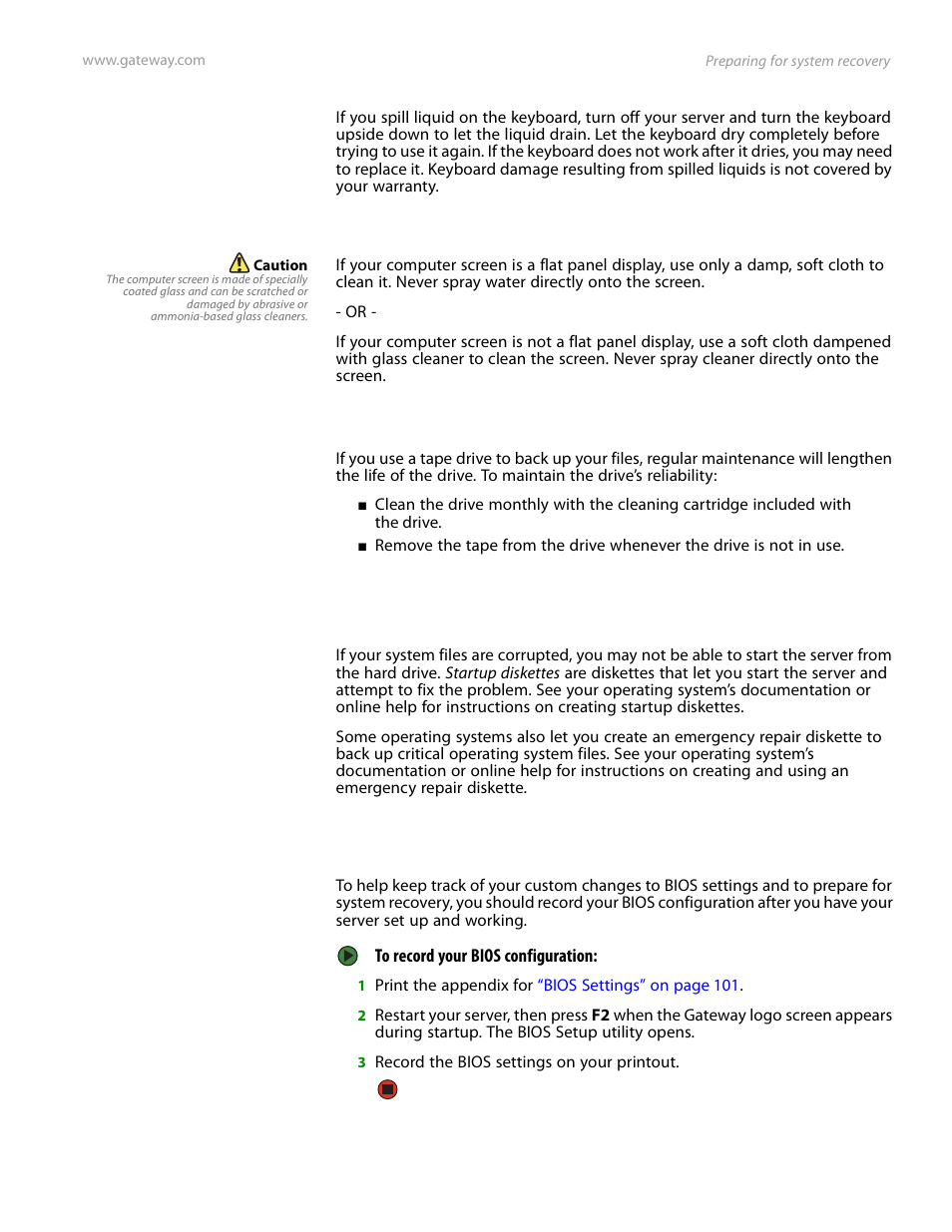Preparing for system recovery, Recording the bios configuration | Gateway E-9525R User Manual | Page 29 / 130