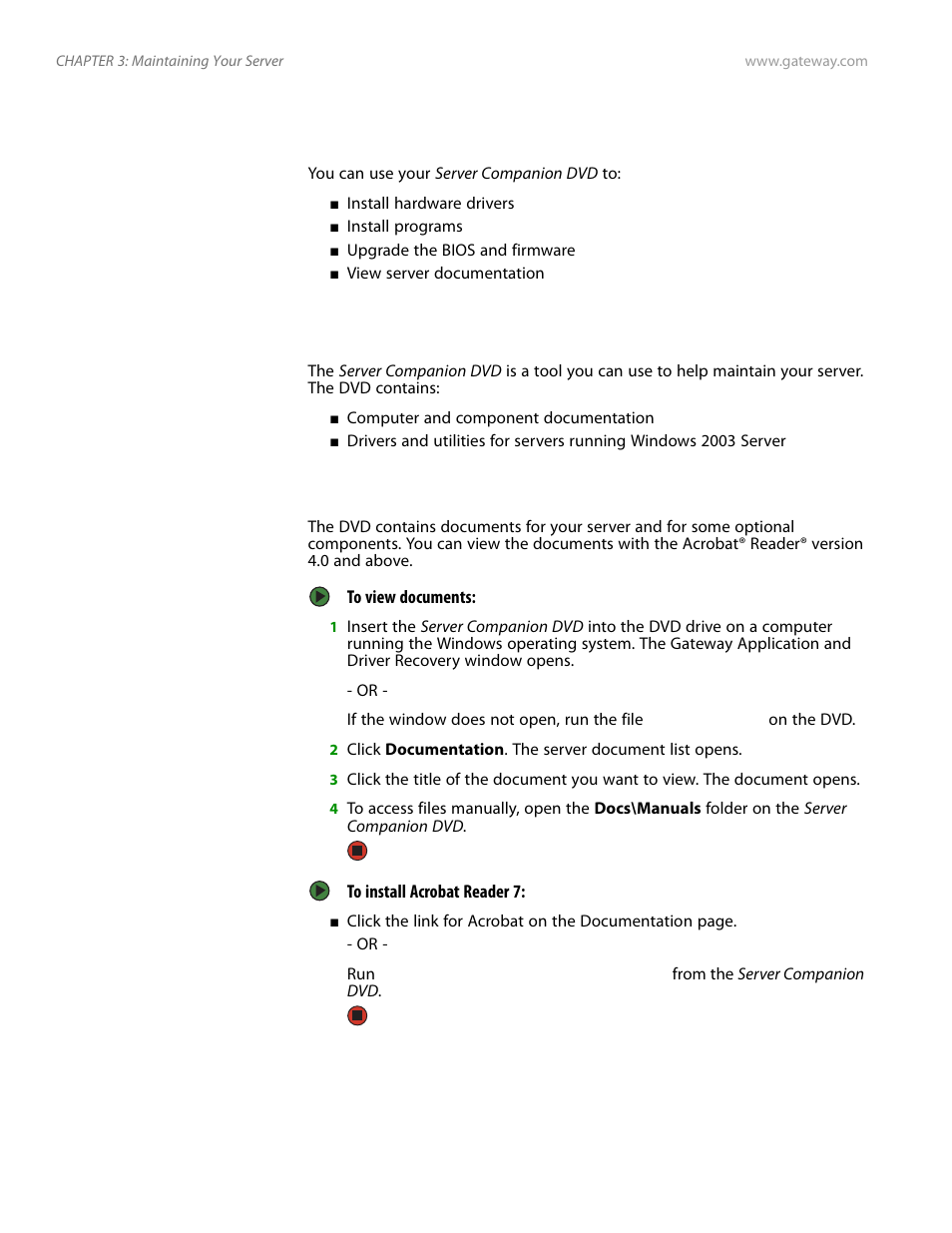 Using your server companion dvd, Server companion dvd contents, Viewing documents | Server companion dvd contents viewing documents | Gateway E-9525R User Manual | Page 32 / 130