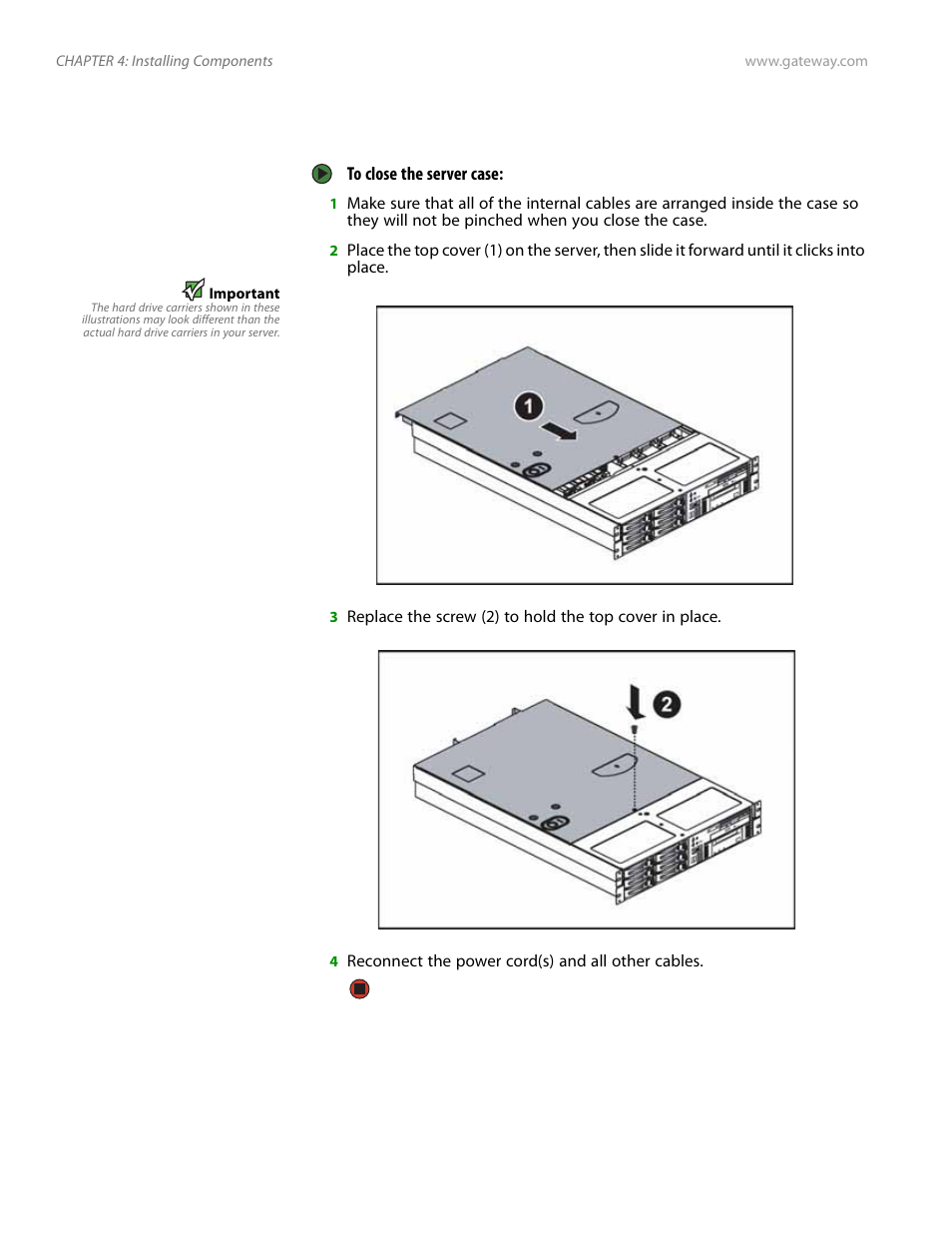 Closing the server case | Gateway E-9525R User Manual | Page 38 / 130