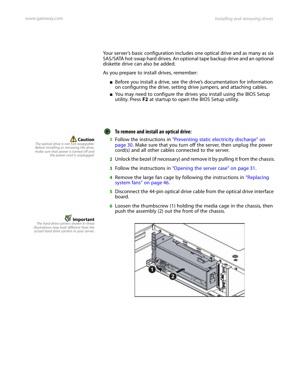 Installing and removing drives, Removing and installing an optical drive | Gateway E-9525R User Manual | Page 39 / 130