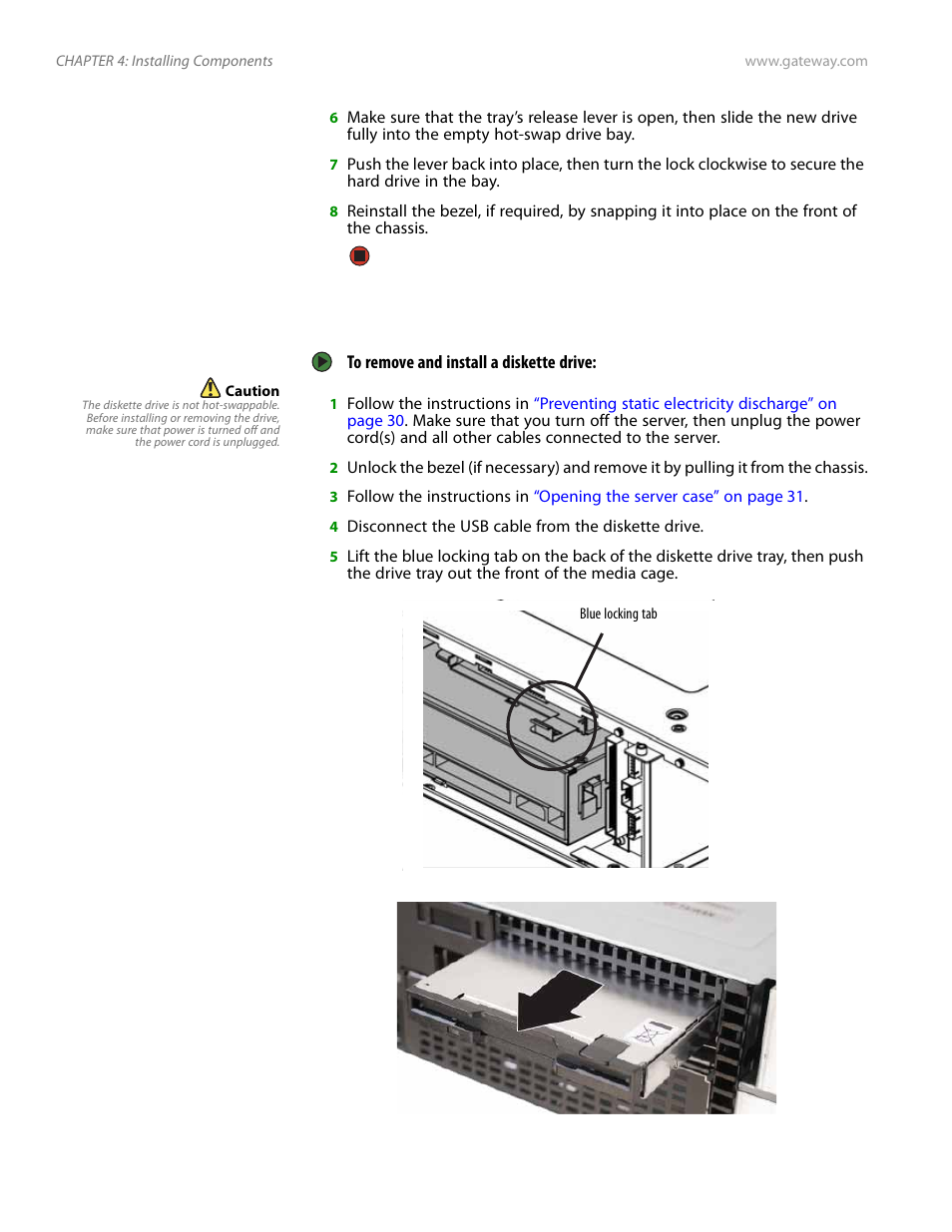 Removing and installing a diskette drive | Gateway E-9525R User Manual | Page 44 / 130