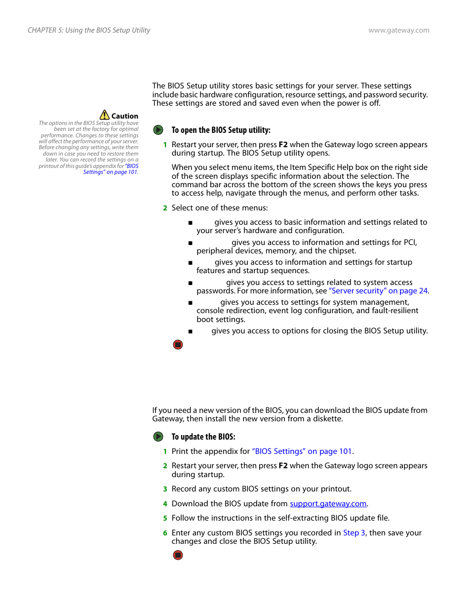 Opening the bios setup utility, Updating the bios, Opening the bios setup utility updating the bios | Updating the bios” on, Updating the | Gateway E-9525R User Manual | Page 72 / 130