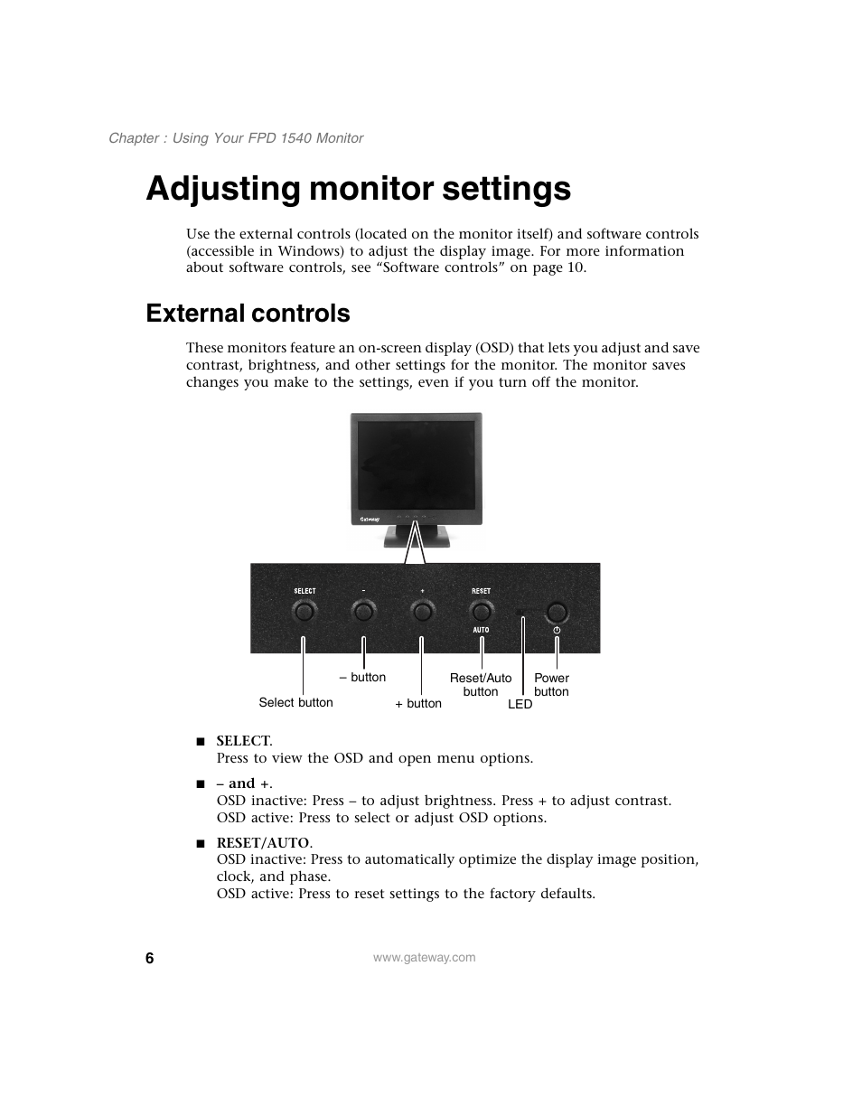 Adjusting monitor settings, External controls | Gateway FPD 1540 User Manual | Page 10 / 32