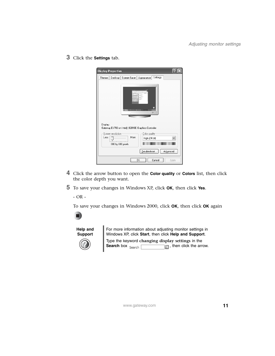 3 click the settings tab, Help and support | Gateway FPD 1540 User Manual | Page 15 / 32