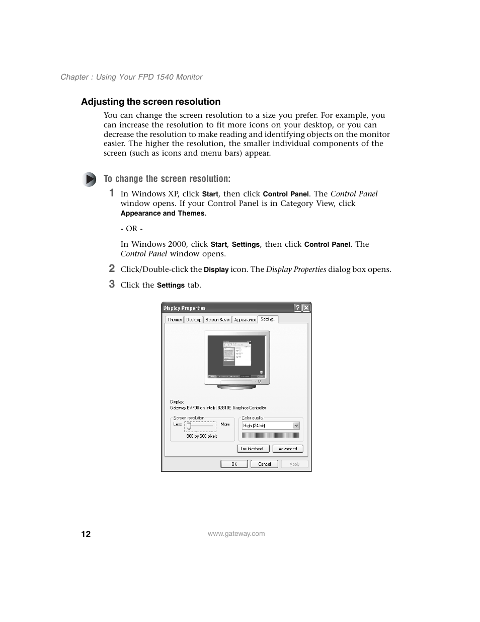 Adjusting the screen resolution, To change the screen resolution, 3 click the settings tab | Gateway FPD 1540 User Manual | Page 16 / 32