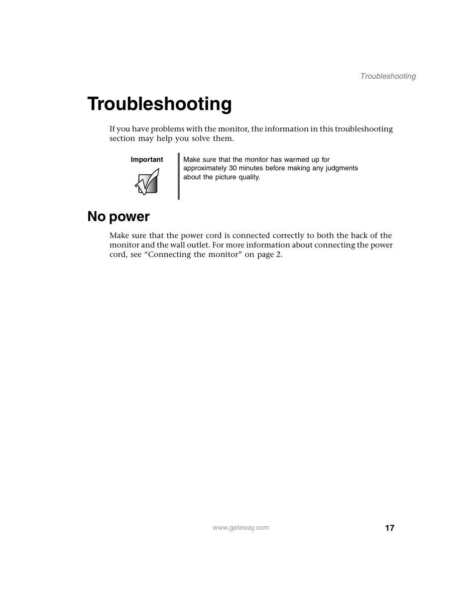 Troubleshooting, Important, No power | Gateway FPD 1540 User Manual | Page 21 / 32