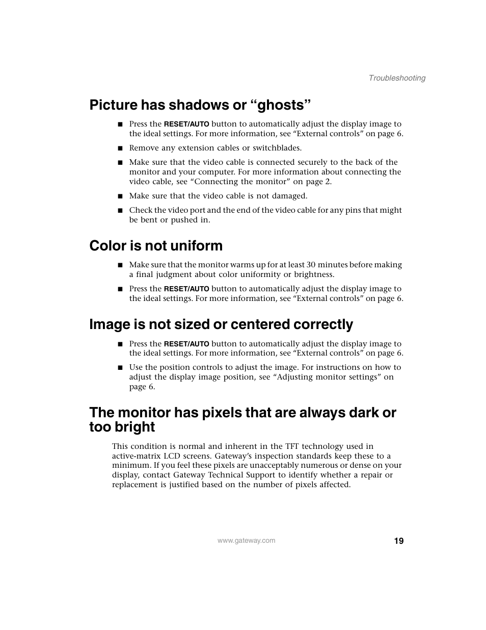Picture has shadows or “ghosts, Color is not uniform, Image is not sized or centered correctly | Gateway FPD 1540 User Manual | Page 23 / 32
