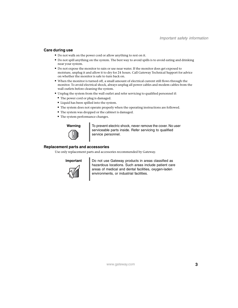 Care during use, Warning, Replacement parts and accessories | Important, Important safety information | Gateway FPD 1540 User Manual | Page 27 / 32