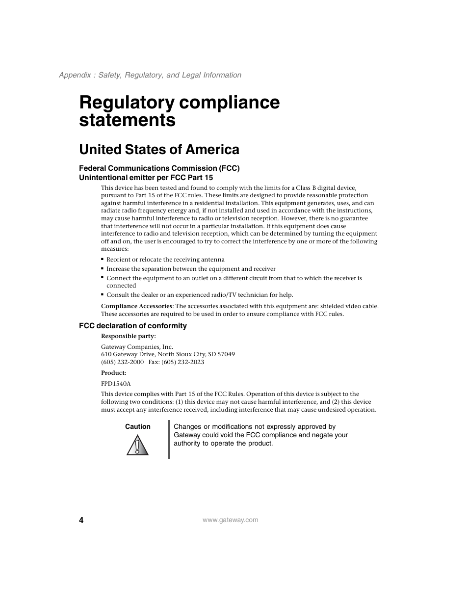 Regulatory compliance statements, United states of america, Fcc declaration of conformity | Caution | Gateway FPD 1540 User Manual | Page 28 / 32