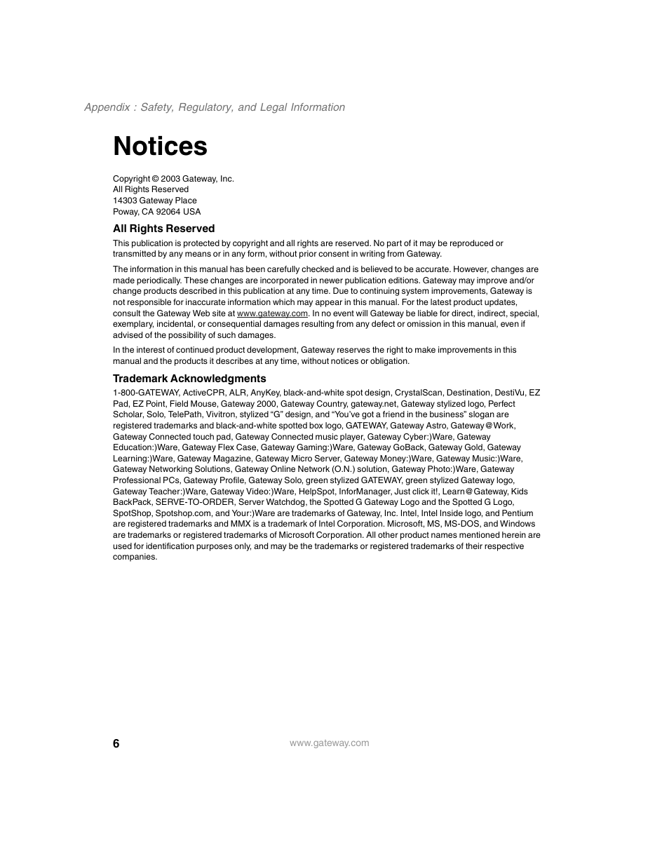 Notices, All rights reserved, Trademark acknowledgments | Gateway FPD 1540 User Manual | Page 30 / 32